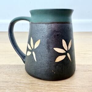 Handmade Black Green Ceramic Coffee Mug Tea Cup Floral Design